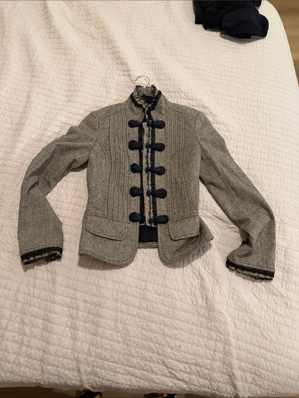 Womens Grey Tweed Military-Style Jacket with Navy Braid